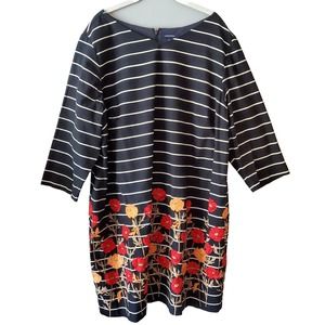 Lands End Size 24 Striped Black White Floral Poppy 3/4 Sleeve Lined Shift Dress